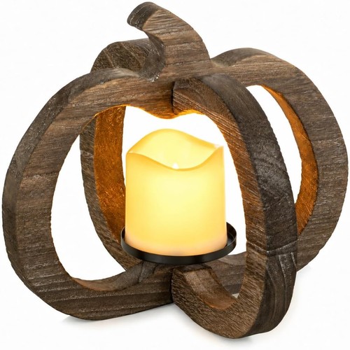 Wood pumpkin lantern candle - wood,